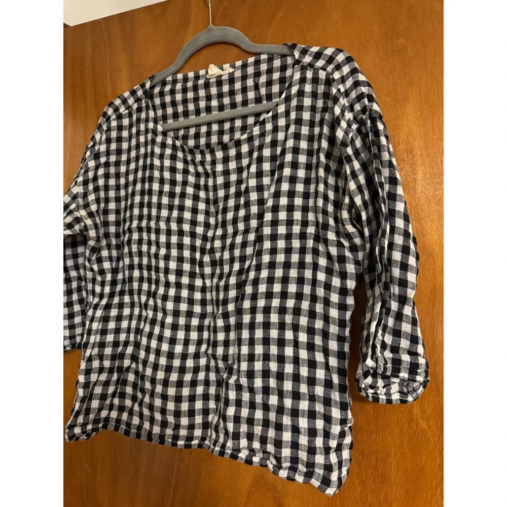 NOT FOR SALE Eileen Fisher Organic Linen Gingham Check Top Black White Womens M - Picture 2 of 5